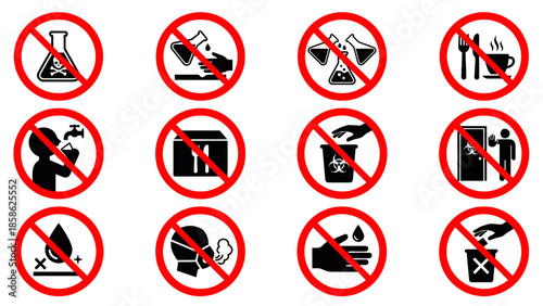 Set of laboratory safety signs warning symbols for chemical and biological hazards no food no drink no open flames no unauthorized entry no smoking no littering no direct contact no hand washing
