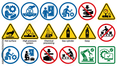 Vector icons Set of industrial safety signs and symbols for various hazards and mandatory actions. Vector Illustration. EPS Editable