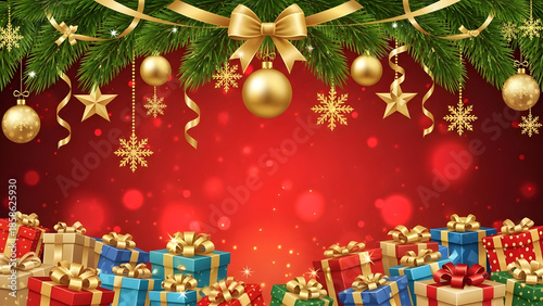 christmas background with red balls and fir branches