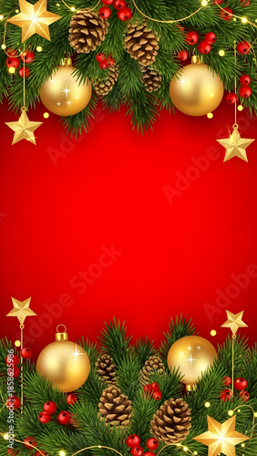 christmas background with red balls and fir branches