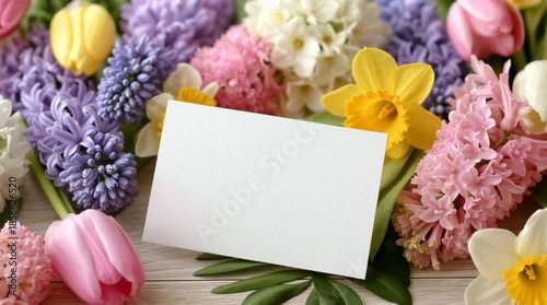 Colorful spring flowers with blank card on wooden table, festive floral arrangement for Women's Day, Easter, or first day of spring