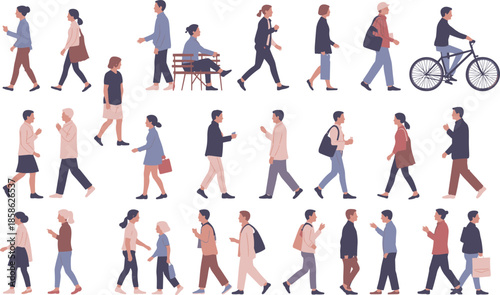 Urban lifestyle illustration, diverse people walking, standing, cycling, sitting, interacting in public space, flat design, minimalistic, modern city scene