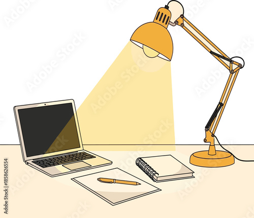 Modern Workspace Illustration with Laptop and Glowing Desk Lamp