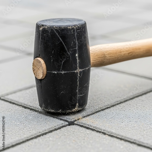 Used Rubber Mallet Resting on Interlocking Pavers in Outdoor Setting