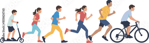 Group of active diverse children and teenagers exercising together by running riding a kick scooter and cycling on a bicycle.