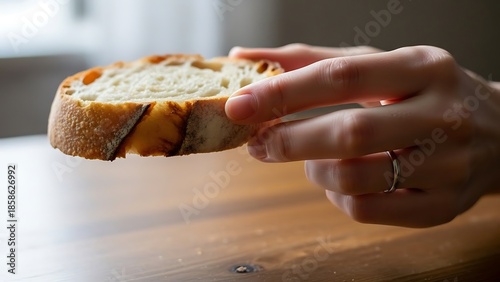 Woman holding a slice of artisan bread with a rustic crust indoors