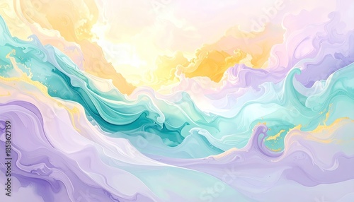 Abstract Watercolor Swirls Of Purple Teal And Yellow With Golden Glitter Details Evoking A Dreamy Sky Atmosphere With Soft Light Emanating From Above