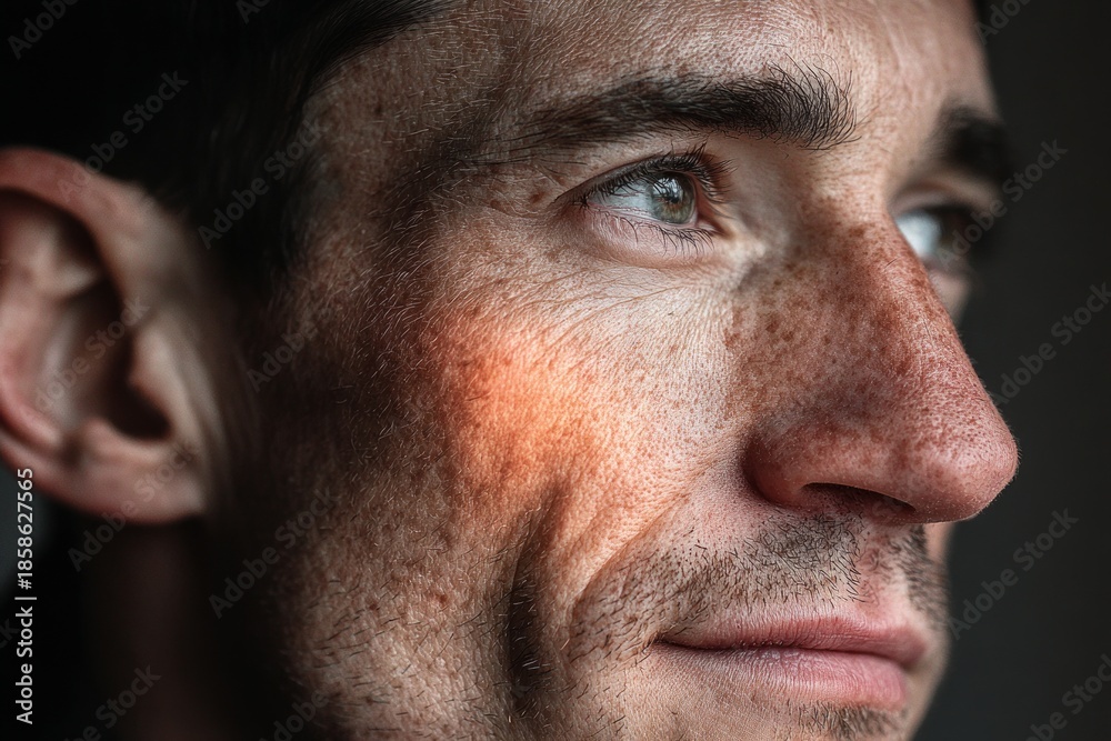 Obraz premium Man in profile, looking away, reflecting with light on his face