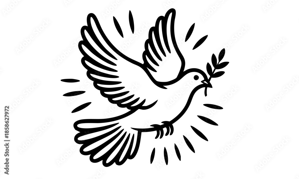 Fototapeta premium Dove of peace. Flying Pigeon bird with olive branch. Hand-drawn symbol of hope, freedom, truce, Holy Spirit, God, clean, peace, faith, divine providence, Pentecost Sunday, wedding. Vector illustration