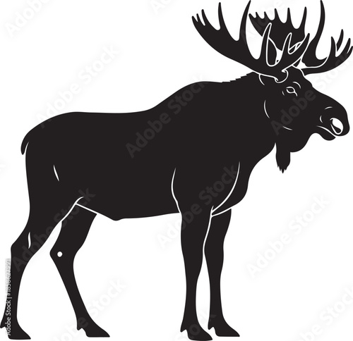 A striking silhouette of a majestic moose with large antlers stands prominently
