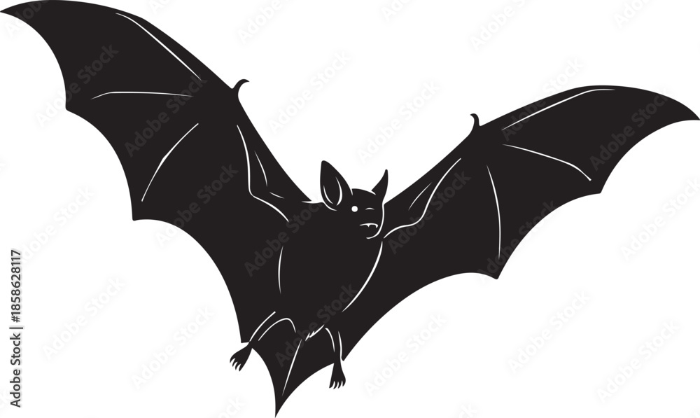 Fototapeta premium A black silhouette of a bat mid flight with wings fully extended