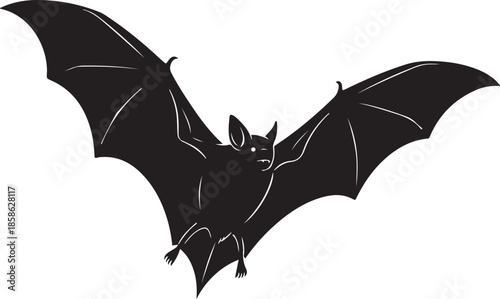 A black silhouette of a bat mid flight with wings fully extended