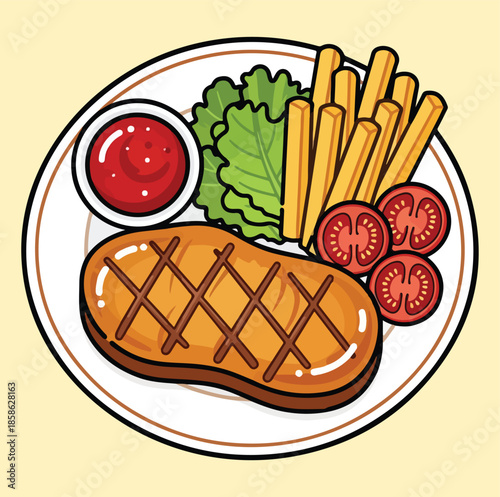 Grilled Steak with Fries and Sauce Vector