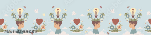 Mental Health Boy Seamless Border. Kid Head with Flowers, Lightbulb, Heart and White Dove Birds on Light Blue Background. Horizontal Vector Illustration. Wellness Web Divider and Tape Design. Not AI