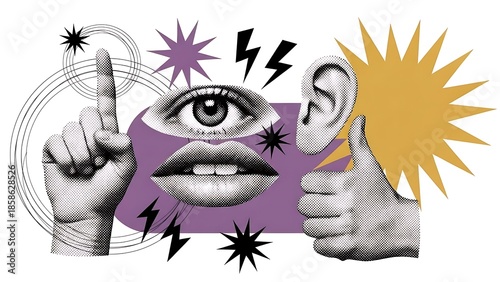 Surreal Collage of Eye, Lips, Hands with Thumbs Up and Down and Purple Background, Yellow Sun