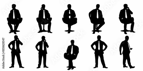 Silhouettes of businessmen in suits various poses and perspectives displayed