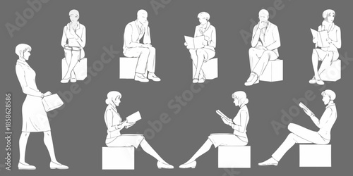 A collection of minimalist figures seated and standing in various poses