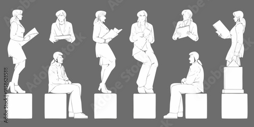 A series of stylized white figures reading or posing with books