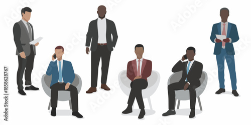 Diverse group of business professionals in a modern office waiting area