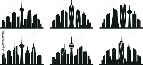 Modern city skyline silhouettes collection, futuristic skyscrapers, urban architecture icons, black vector illustration, minimalist panoramic cityscape design art set global