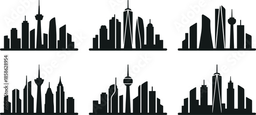 World famous city skyline silhouettes, iconic landmarks collection, global urban architecture, black vector illustration, minimalist panoramic cityscape design art set