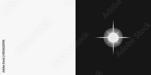 A stark contrast bright light radiating on a dark background split screen