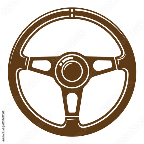 Vintage Brown steering wheel icon on white background for automotive design and navigation systems
