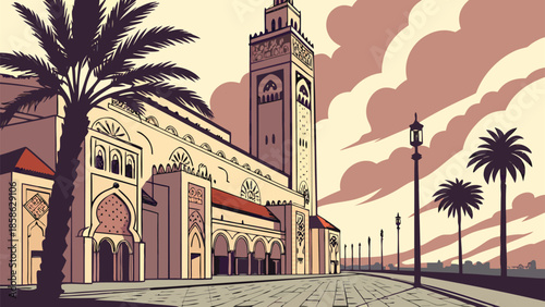 Stylized Cityscape Featuring a Majestic Clock Tower and Palm Trees