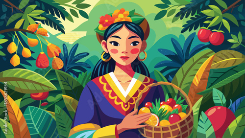Traditional Woman Collecting Tropical Fruits in Vibrant Forest Illustration