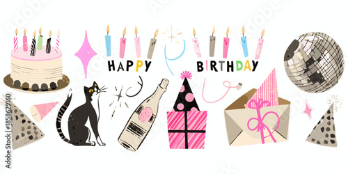 Festive birthday celebration illustration with cake gifts and party elements