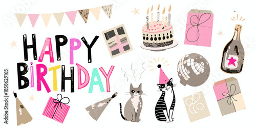 A cheerful birthday celebration cake gifts cats and festive decorations