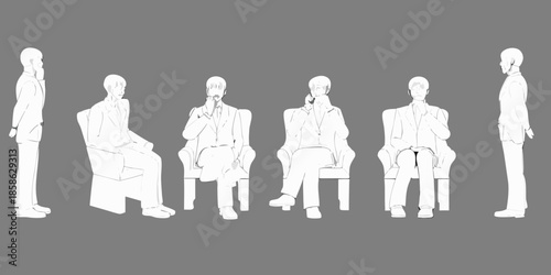 A row of stylized men in suits some seated and some standing