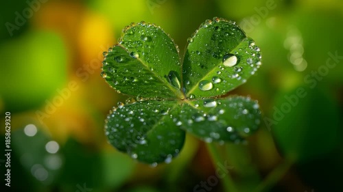 Close Up of Green Clover with Water Droplets, Symbolizing Natures Beauty and Freshness, Capturing Good Fortune in Every Leaf