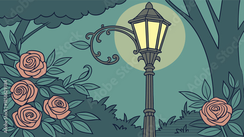 Elegant Lamppost Illuminating Blooming Roses in a Tranquil Night Garden