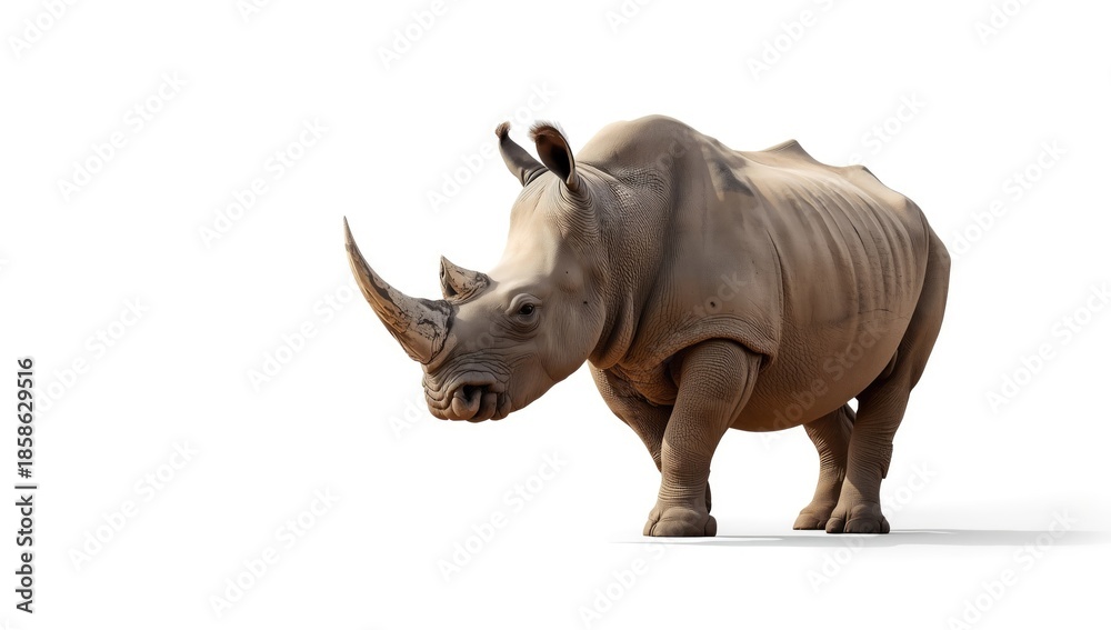 Fototapeta premium Adult rhinoceros standing in bright sunlight during summer, suitable for nature preservation themes