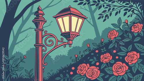 Retro Lamppost Illuminates Vibrant Red Roses in Enchanted Garden Illustration