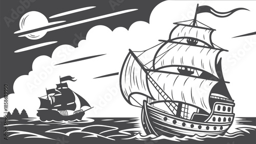 Old Sailing Vessels on Moonlit Sea Under Night Clouds Illustration