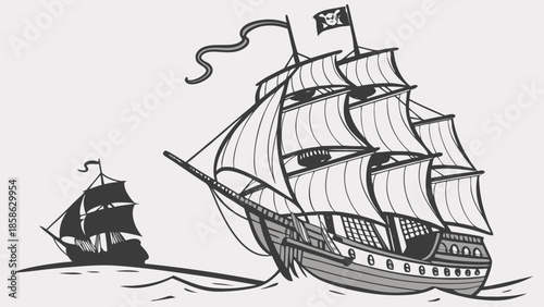 Vintage Pirate Galleon and Sailing Ship Illustration. Black and White Nautical Maritime Adventure Art.