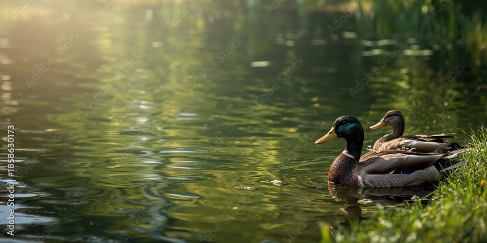 Fototapeta premium Two ducks resting in a home environment, relaxation and natural behavior, World Wetlands Day