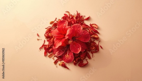 Fresh and dried hibiscus flowers for culinary or medicinal use, highlighting plant-based products
