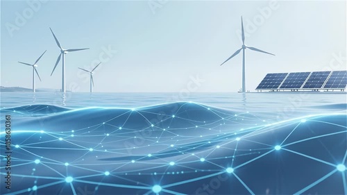 Innovative Renewable Energy Ocean Grid Showcases Wind Turbines and Solar Panels Above Water, Symbolizing Sustainable Technology and Future Solutions