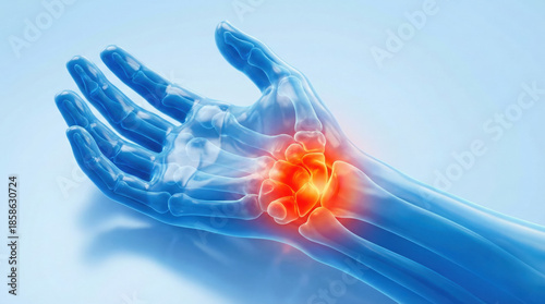 Anatomical rendering of a human hand and wrist with a glowing red spot indicating pain or inflammation in the carpal joint area.