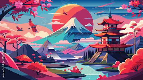 Mount Fuji, Sakura, Pagoda, and Sunset in Japan