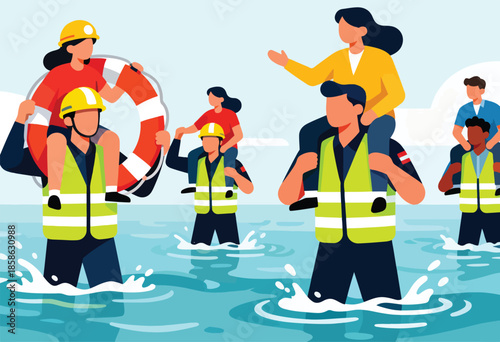 Rescuers in vests carry people and a life preserver through floodwaters