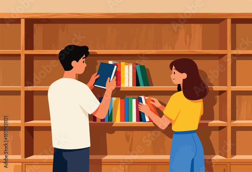 A boy and girl browse colorful books on a wooden shelf