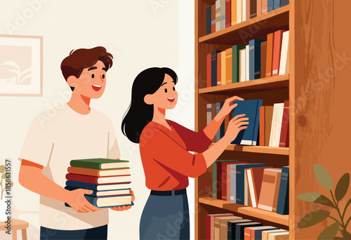 Two smiling people browse a wooden bookshelf filled with colorful books