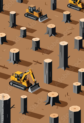 Yellow excavators and bulldozers clear a forest, leaving behind tree stumps