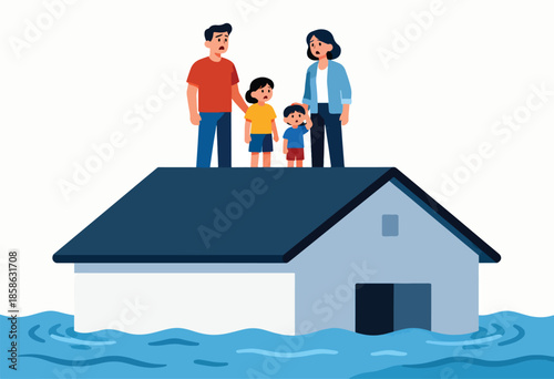 Family stranded on a flooded house roof, looking distressed