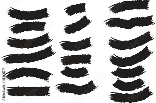 Set of Bold Curved Black Ink Brush Strokes: Dynamic Hand Drawn Paint Swashes, Thick Textured Smears, and Expressive Grunge Design Elements Vector