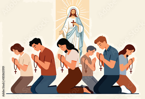 People praying with rosaries before an illuminated divine figure